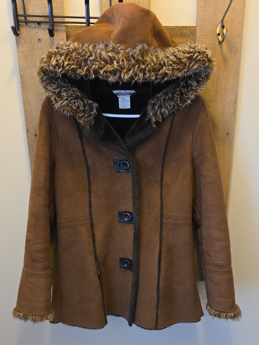 Midtown Brown Faux-Suede Hooded Coat with Fur Trim